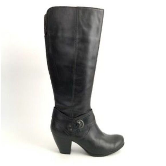 BOC Y2K Black Chunky Block Heel Saddle Belt Leather Tall Boots Size 7 Bin 21 - Picture 1 of 13